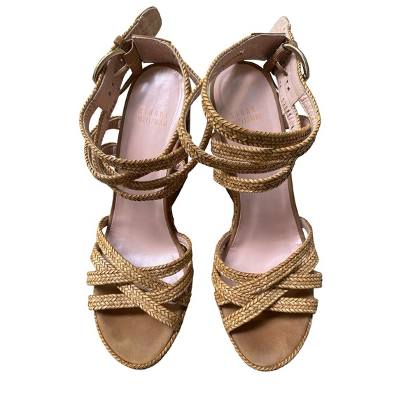 Stuart Weitzman Reins Wedge Sandal Size 9 Tan Camel Strappy Heel Straw Weave - Picture 4 of 16